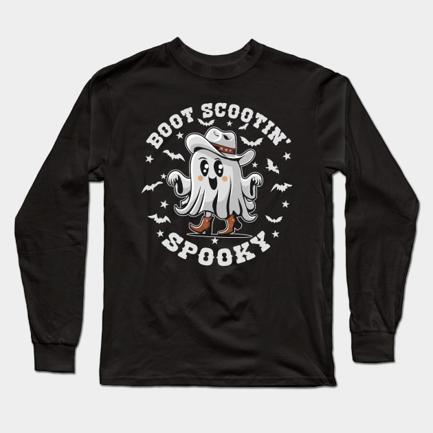 Cute Boot Scootin' Spooky Halloween Ghost Kid's Girls Halloween Western Country Long Sleeve T-Shirt by TeeCreations